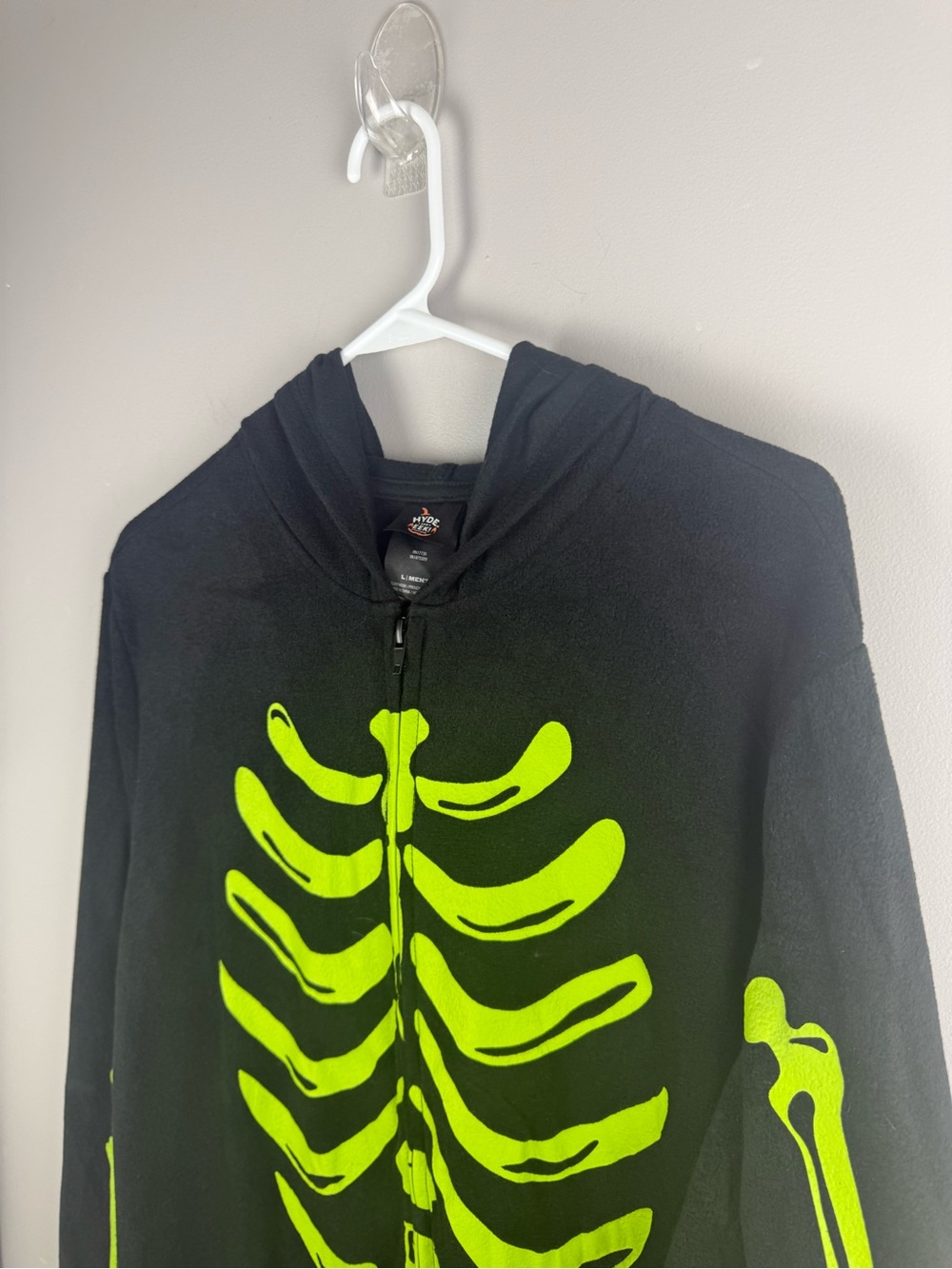 Hide and Eek Mens Black Green Fleece Hooded Skeleton Zip Up One Piece SZ L